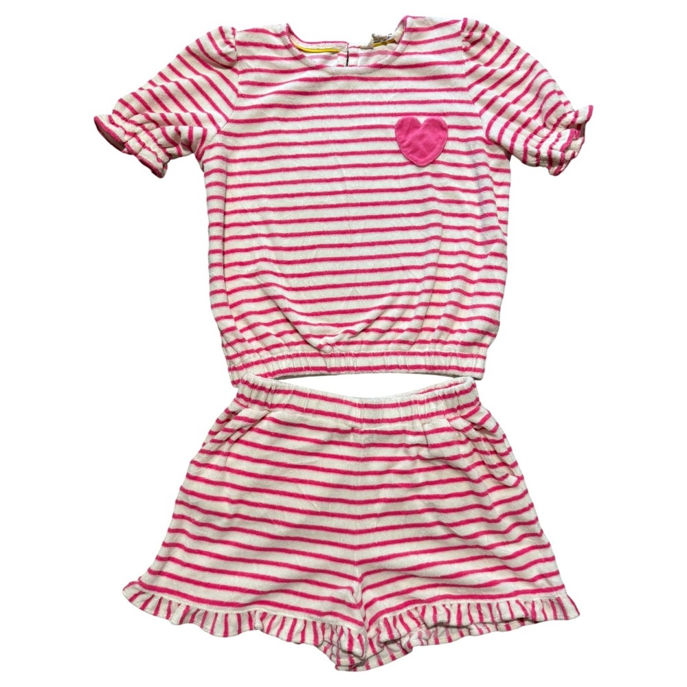 Mini Boden Terry Shirt Shorts Outfit Set Girls Sz 13-14 Pink Stripe Heart Ruffle